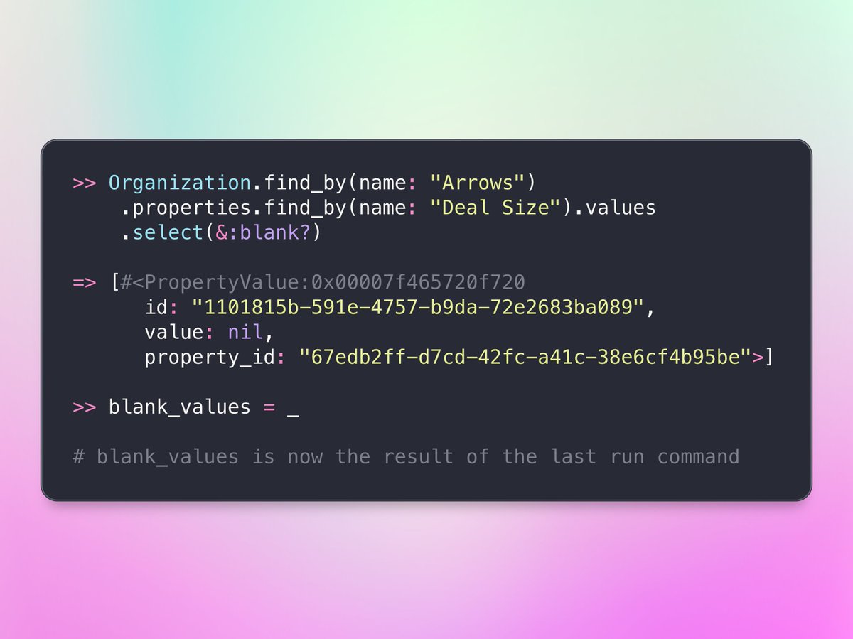 _swanson's tweet photo. In the Rails console (or IRB), you can use `_` to get the result of the last run command 😲 https://t.co/YjFSpM8bGr
