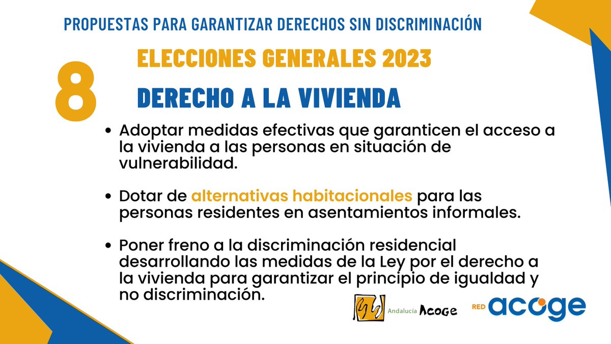 Según un estudio del CEDRE de 2020, la vivienda es la esfera que registra la tasa de discriminación más alta en ámbitos como el racial o étnico.

Para garantizar la igualdad en el acceso a derechos sociales básicos como la vivienda digna,

#PropuestasAcoge #23J 🗳️