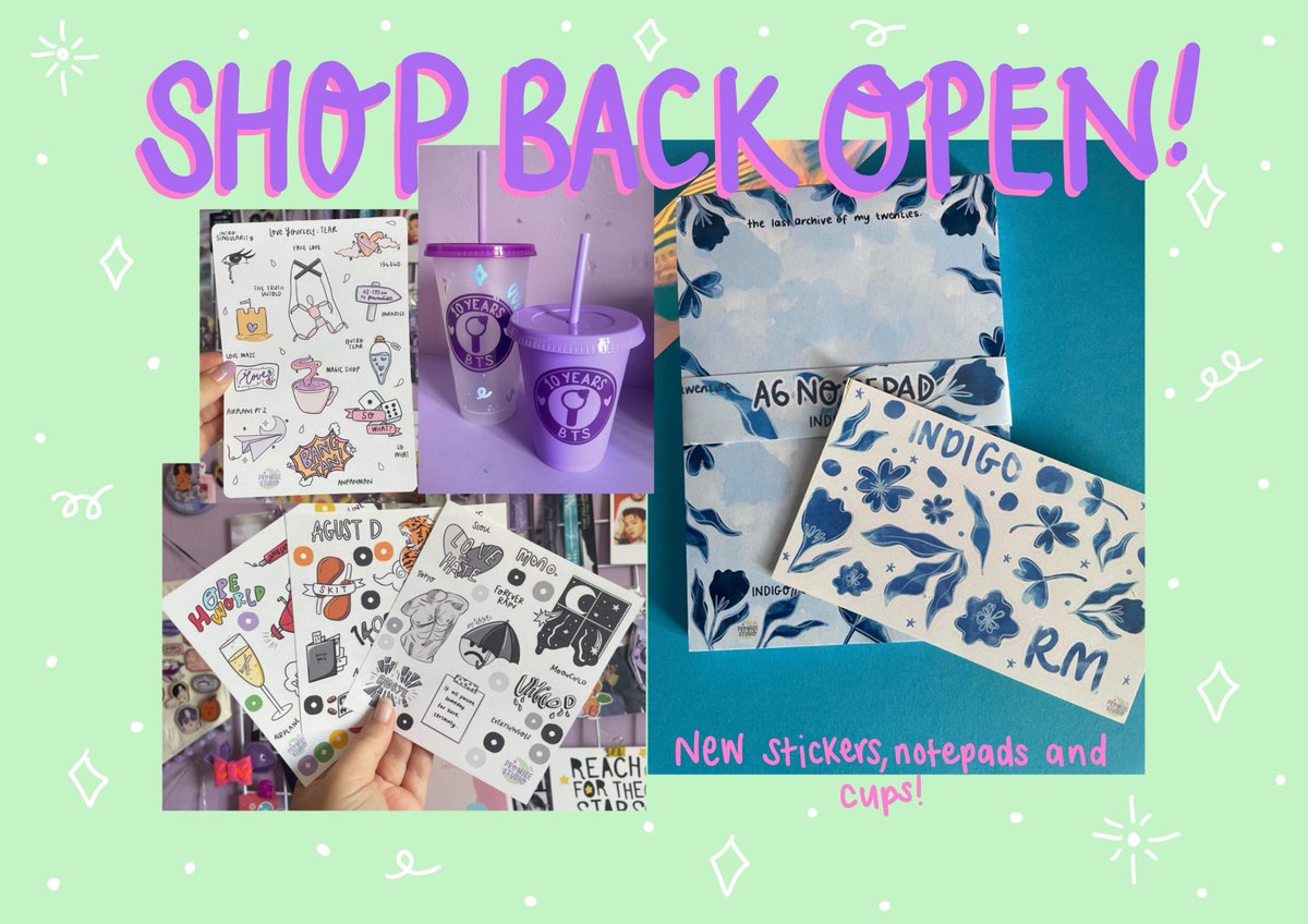 After a wonderful time at kpop con my shops are now open again!! 
The new stickers, notepads and the leftover cold cups are available!! Along with some new sale items, including the love yourself potion pins!!