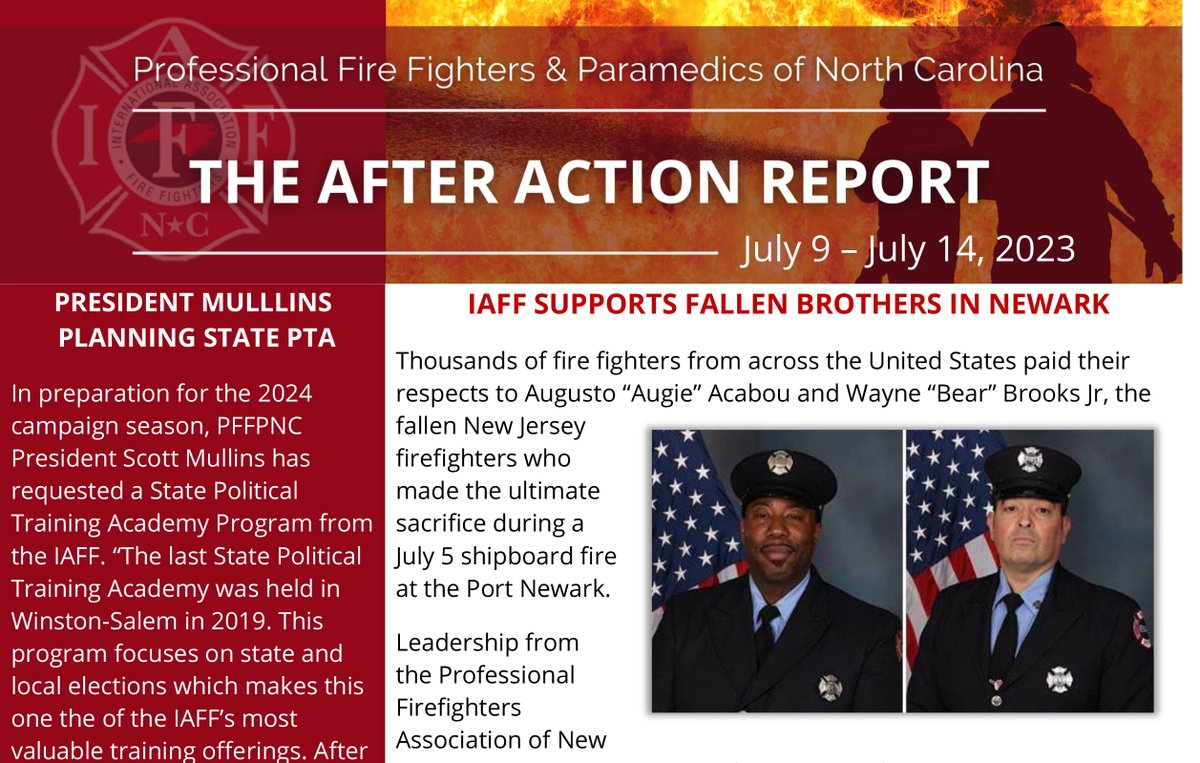 The PFFPNC e-newsletter for July 9-14 includes the sad news out of Newark where we lost two brothers. There's also news that PFFPNC President Scott Mullins has requested campaign training ahead of the 2024 election season.

READ: pffpnc.org/newsletters/
