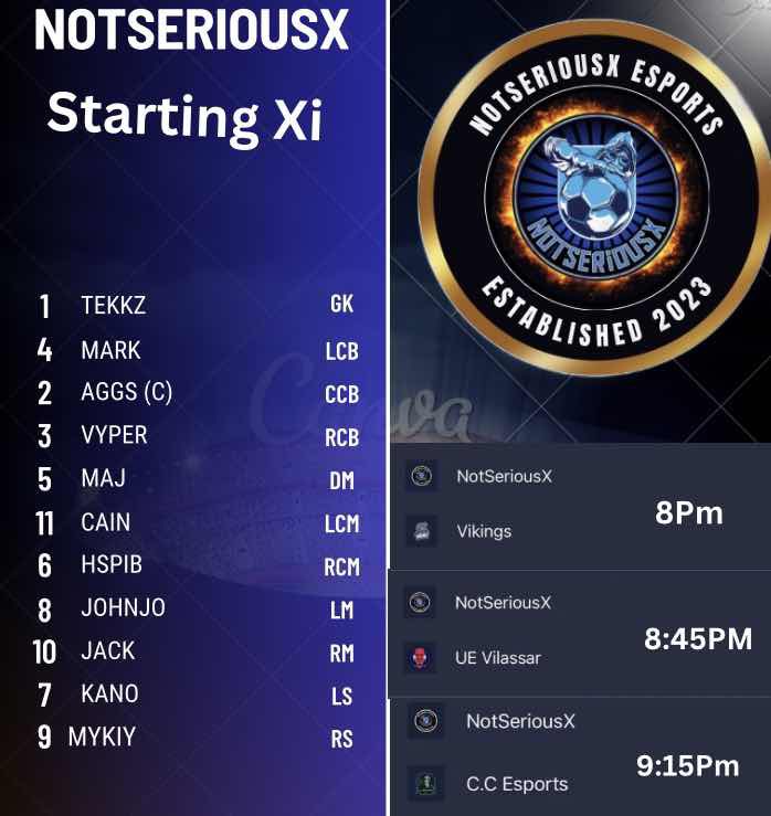 NotSeriousX Opening Day Of @VPG Summer Season 

NotSeriousX🆚 @Vikings8:00 
NotSeriousX🆚 @C.C Esports 8:45
NotSeriousX🆚 <a href="/UE/">Unearthed</a> Vilassar 9:15

3 Good Games Looking To Get Of To Good Start 💪🏻 

Let’s Go NotSeriousX