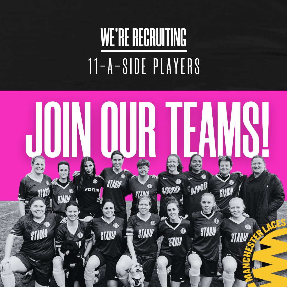 ManchesterLaces's tweet image. 📣 11 a side players wanted 📣

It’s the perfect time to join Laces as we gear up for the new season. Our footie environment is super fun and inclusive so don’t worry if you’ve been out the game a while!

📩 Drop us a DM or enquire on manchesterlaces.co.uk