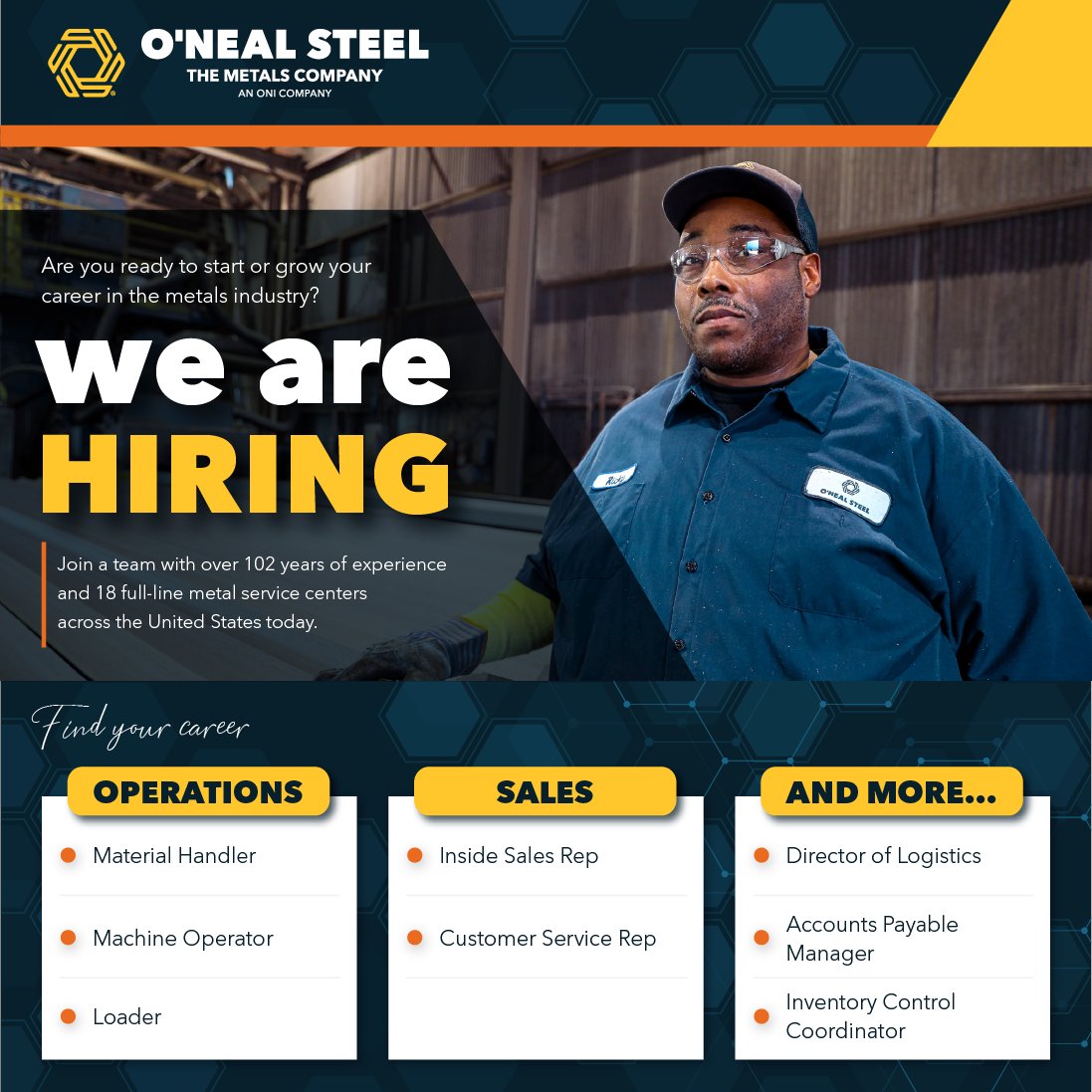 Are you looking to step into #operations, #sales, or another department at O'Neal Steel? We are currently #hiring for a variety of positions across our locations. 

Learn more:
bit.ly/3ayd2h7

#weareonealsteel #wearehiring
