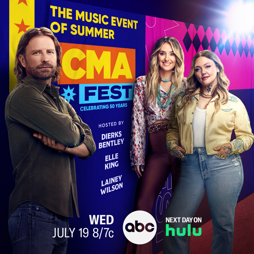 Don’t miss @DierksBentley, @ElleKingMusic, and @LaineyWilson host 'CMA Fest,” the Music Event of Summer, Wednesday, July 19 at 8/7c on @ABCNetwork! Stream next day on @Hulu. Join the conversation using #CMAfest!