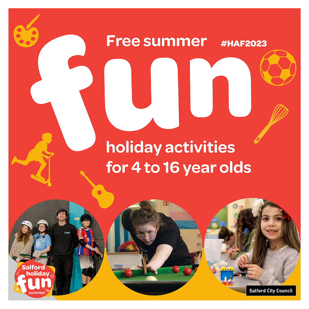 SalfordCouncil's tweet image. Just one week to go till #SalfordSummerOfFun kicks off ⚽ Whether its arts and crafts, dance, sports or drama, Salford’s #HAF2023 programme has something for everyone! orlo.uk/laYmc