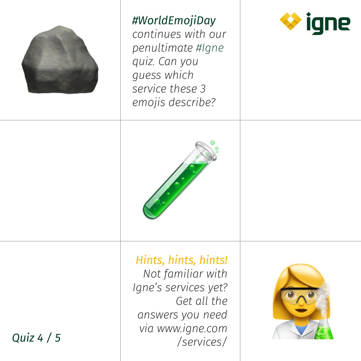 IgneGroup's tweet image. This is the penultimate #Igne themed #WorldEmojiDay quiz. What service are we describing with the emojis below?

Quiz #4:  🪨🧪👨‍🔬

💡HINT💡igne.com/services/testi…

Comment your answer below!  👇

Stay tuned for the final quiz! 

informed | in-depth | integrated

#Emojis #Quiz