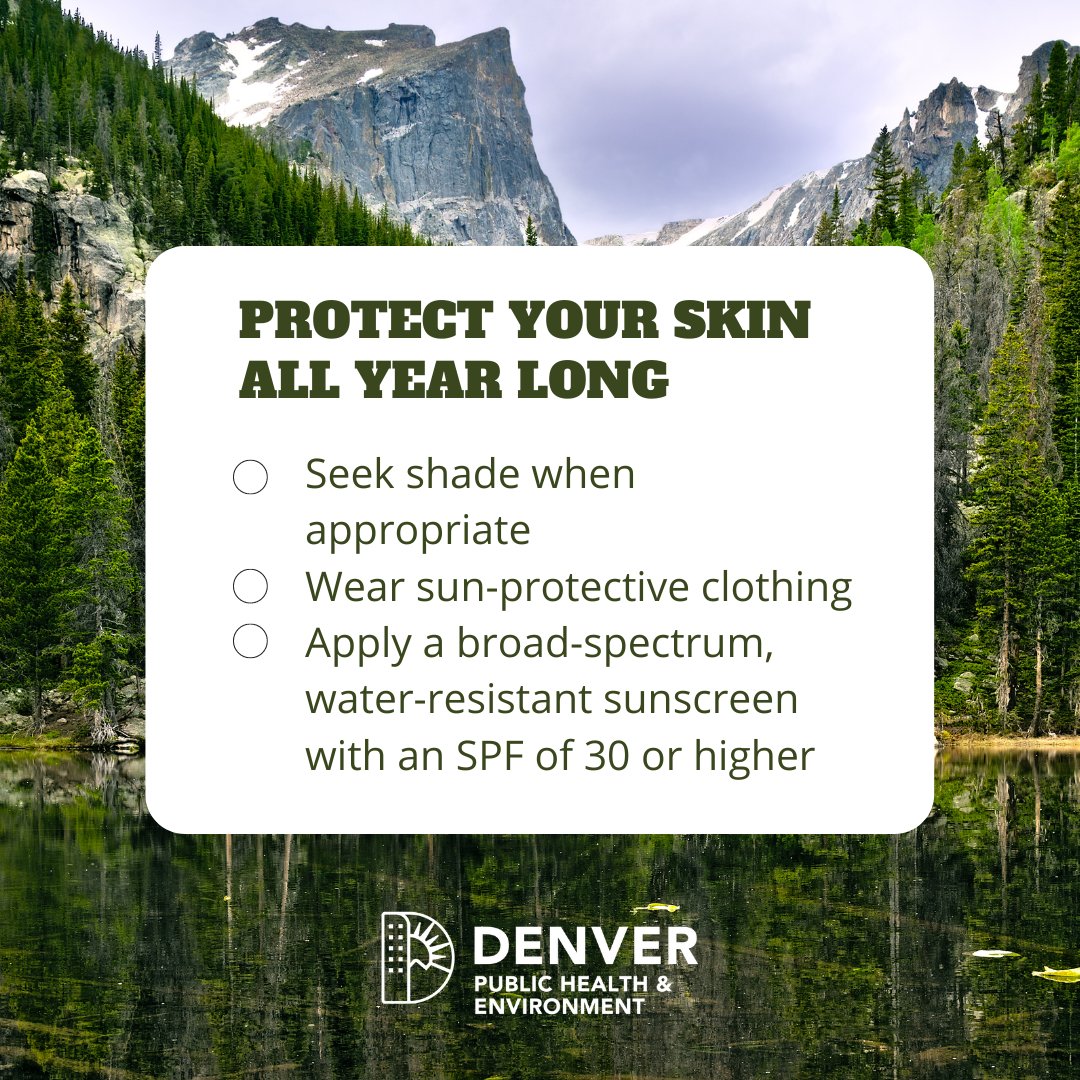 DDPHE's tweet photo. July is Ultraviolet (UV) Awareness Month! ☀️ It's important to protect your skin year round, especially in Denver where we are a mile closer to the sun! Take steps to protect your skin from the sun’s harmful UV rays #PracticeSafeSun #UVAwarenessMonth #Denver #SkinSafety https://t.co/Y7hB9DO9jf