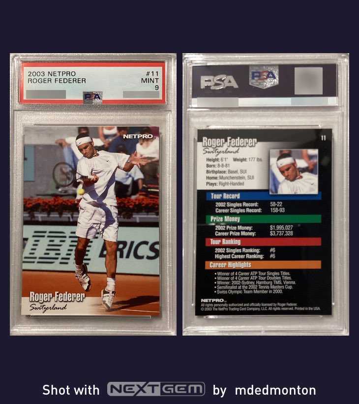mdedmonton's tweet image. @roroweber1 @NextGemApp 

ROGER FEDERER 2003 NETPRO

#RogerFederer #netpro #PSA #nextgemshare