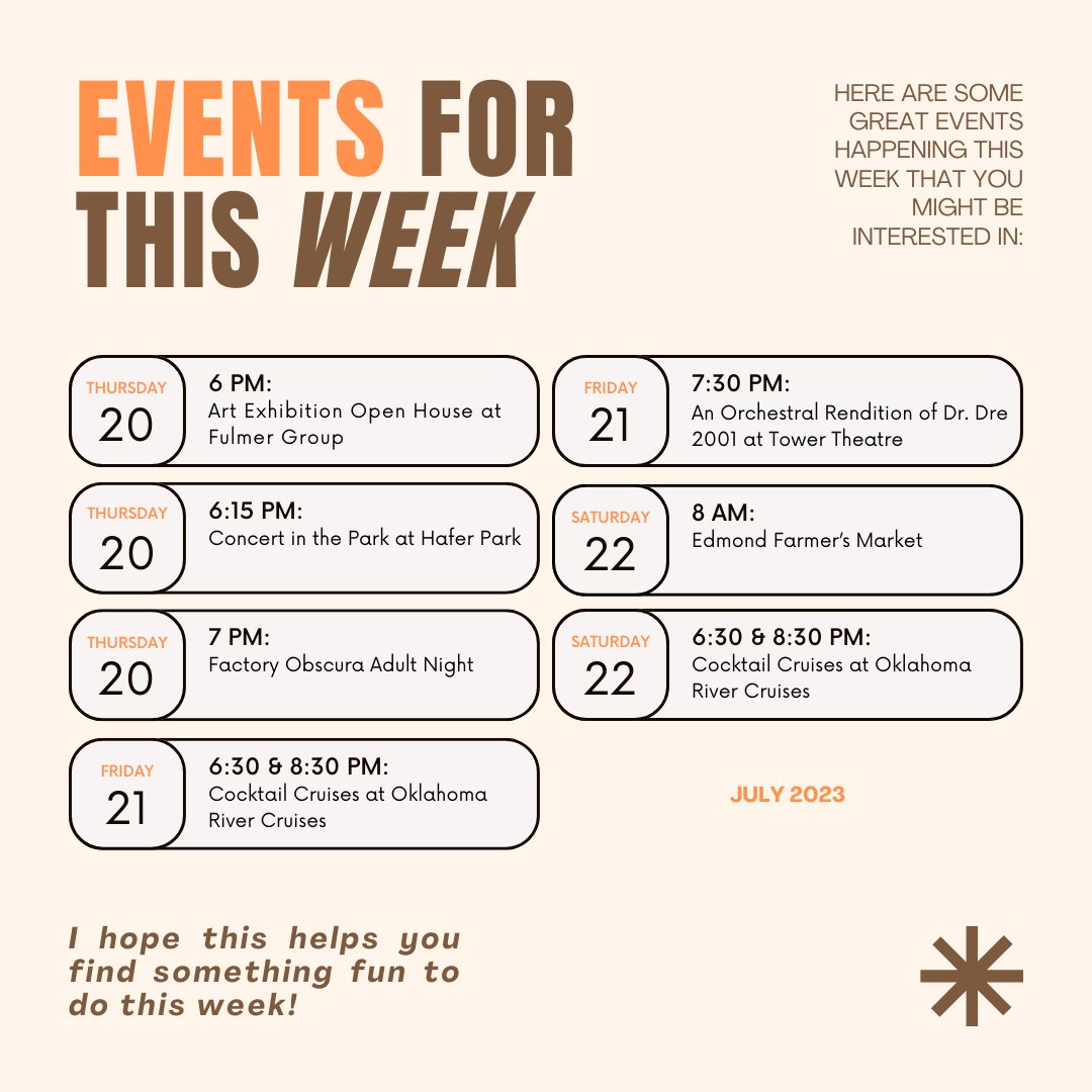 Come explore Edmond & OKC this weekend! Check out amazing art exhibitions, concerts, Factory Obscura Adult Nights, cruise cocktails, and an orchestral rendition of Dr. Dre 2001. Plus, Edmond Farmers Market! All the info you need to plan your adventure awaits -- #ExploreOKC