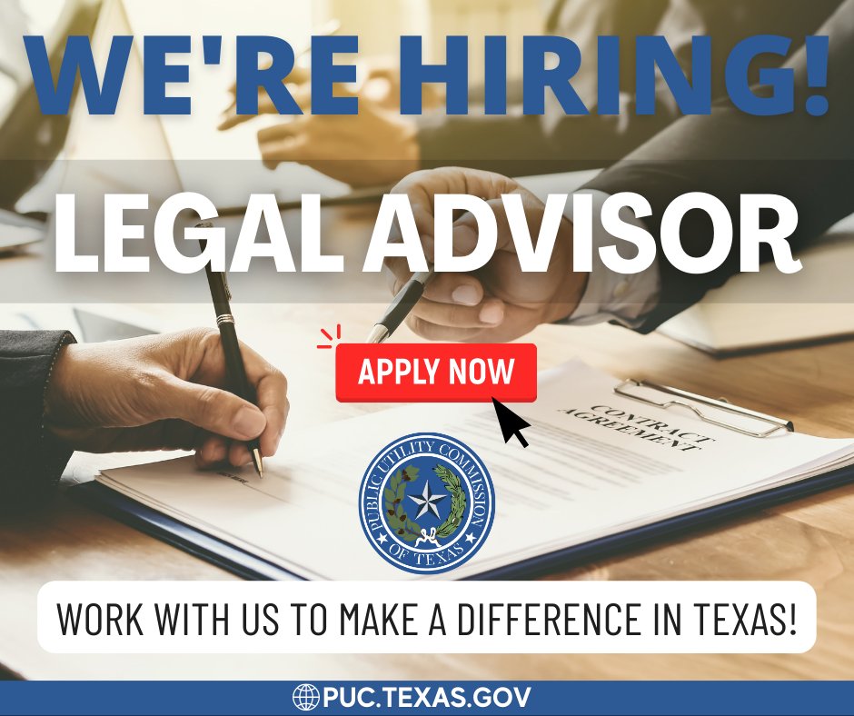 PUCTX's tweet image. Do you have expertise performing advanced legal research? Interim Chair Jackson’s Office is looking for an innovative problem solver with a passion for making a difference in Texas! Apply here: bit.ly/PUC-LEGAL-ADVI… #Hiring