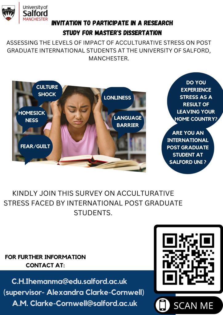 amaa_a_'s tweet photo. Calling all postgraduate international students at the University of Salford!🎓

Participate in a research study for a Master’s dissertation assessing the impact of acculturative stress on postgraduate students.

Click the link to participate https://t.co/ZyCd5CxoN9

@dralexcc https://t.co/njFLzJKQLl