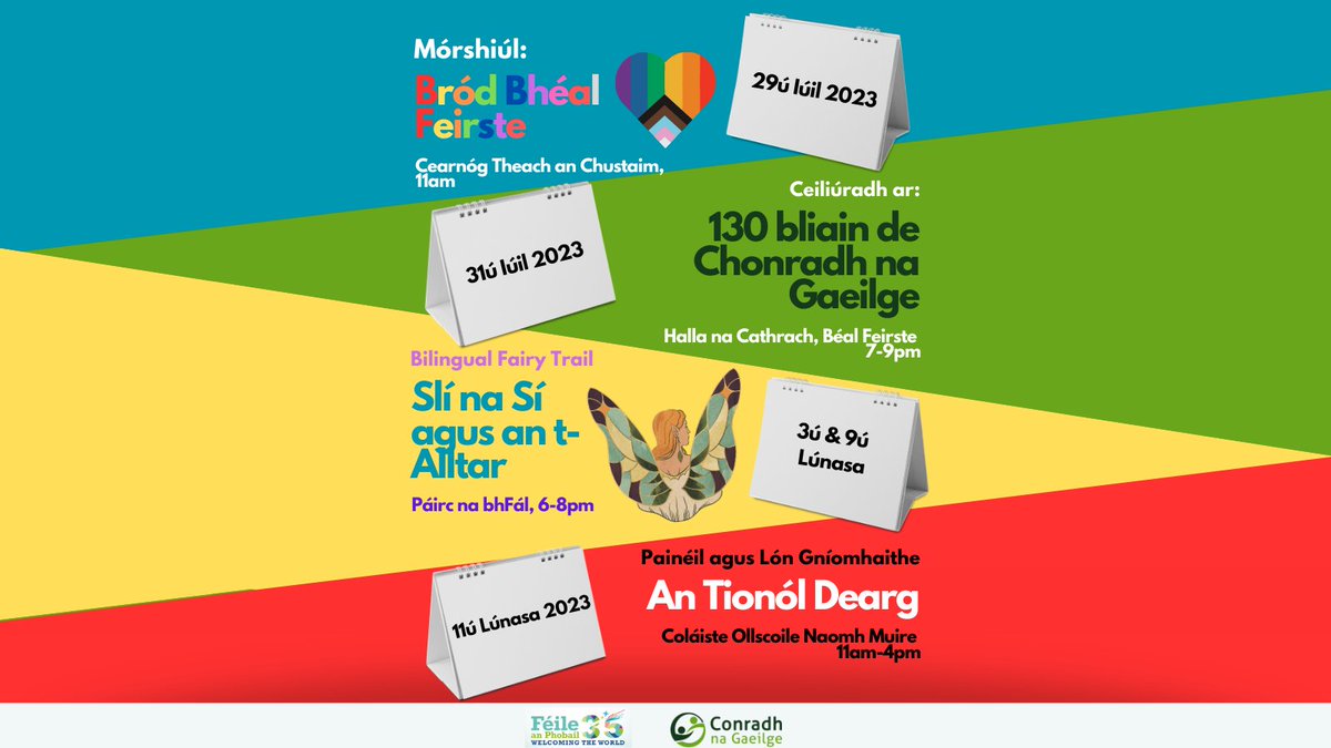 Conradh na Gaeilge ⭕️ (@cnag) on Twitter photo 📢 <a href="/CnaG/">Conradh na Gaeilge ⭕️</a> X <a href="/FeileBelfast/">Féile an Phobail</a> 📢
✨ Neart imeachtaí iontacha ag titim amach i mbliana mar chuid d'Fhéile an Phobail i mBéal Feirste!
👀 Caith súil ar an chlár agus bí linn do na himeachtaí seo thíos (agus neart eile!) 🌈🎉🧚🅾️ 📢 <a href="/CnaG/">Conradh na Gaeilge ⭕️</a> X <a href="/FeileBelfast/">Féile an Phobail</a> 📢
✨ Neart imeachtaí iontacha ag titim amach i mbliana mar chuid d'Fhéile an Phobail i mBéal Feirste!
👀 Caith súil ar an chlár agus bí linn do na himeachtaí seo thíos (agus neart eile!) 🌈🎉🧚🅾️
