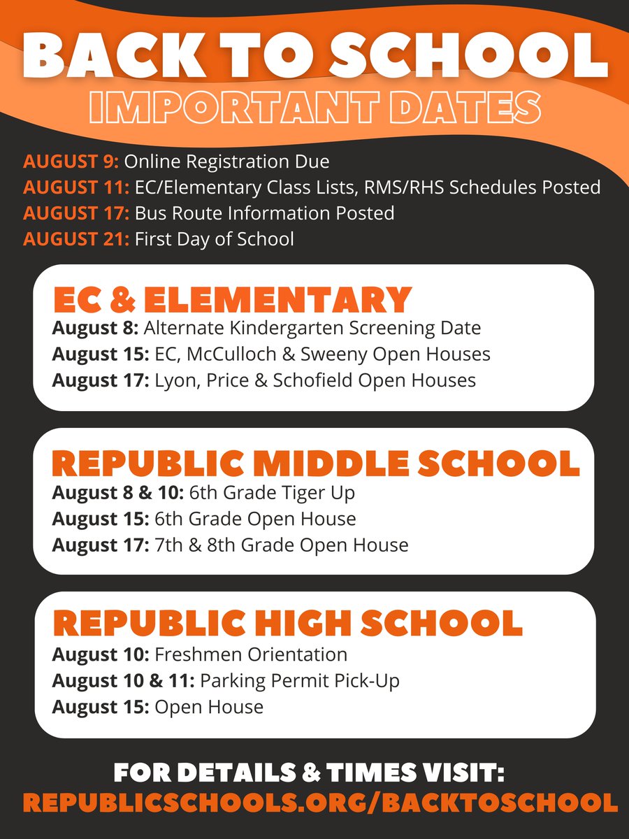 RepublicSchools's tweet photo. The first day of school is just over ONE MONTH AWAY! Online registration for the 2023-2024 school year begins TODAY on the SISK12 Parent Portal. 

In addition, the graphic below lists some "back to school" dates next month. 

Details: https://t.co/Buej7B6FYe

#RepMOProud https://t.co/cXr7LOT5UO