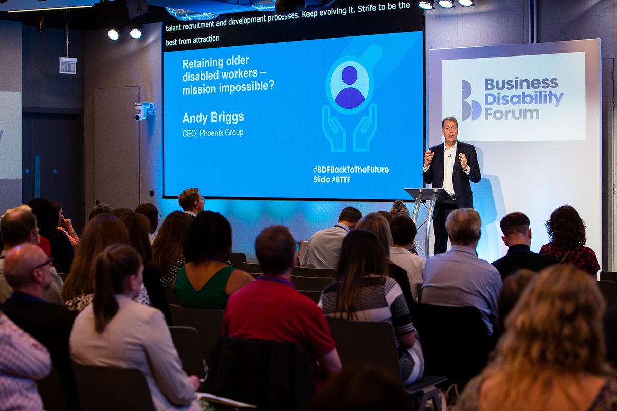 DisabilitySmart's tweet photo. What actions can employers take to attract and retain older disabled workers? Read the recommendations Andy Briggs, CEO of @PhoenixGroupUK, shared at our Annual Conference: https://t.co/HJyLYsKbWg
#OlderWorkers #DisabledWorkers #BDFBackToTheFuture #Retention #DisabilitySmart https://t.co/0Km0Uonqvj