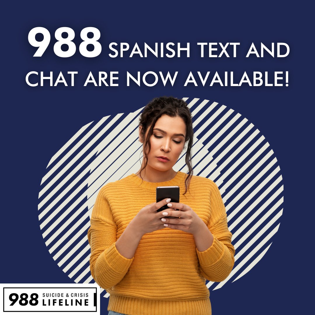 Spread the word! 📢 📢 📢 988 text and chat services have joined call service in Spanish. Text or call 988 or chat 988.lifeline.org/es/chat. #988Lifeline #SaludMental #SuicidePrevention #MentalHealth #depression #depresión #ansiedad #Español