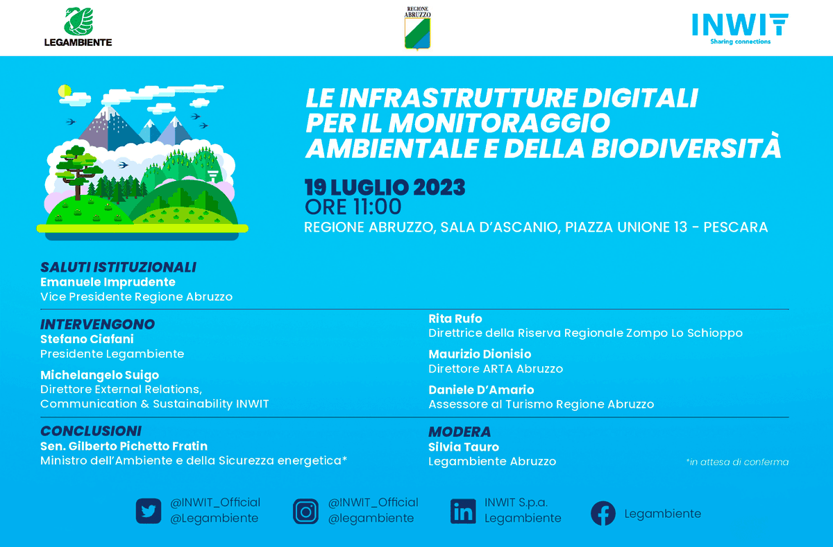 INWIT_Official's tweet photo. 📅 Appuntamento a Pescara il #19luglio per presentare il progetto di #INWIT e @Legambiente per monitorare la qualità dell’aria e misurare gli impatti del #CambiamentoClimatico in parchi e riserve dell’Appennino Centrale.

Scopri di più e segui live! ➡️ https://t.co/hhMTlAD9ai https://t.co/EauUlacRRo