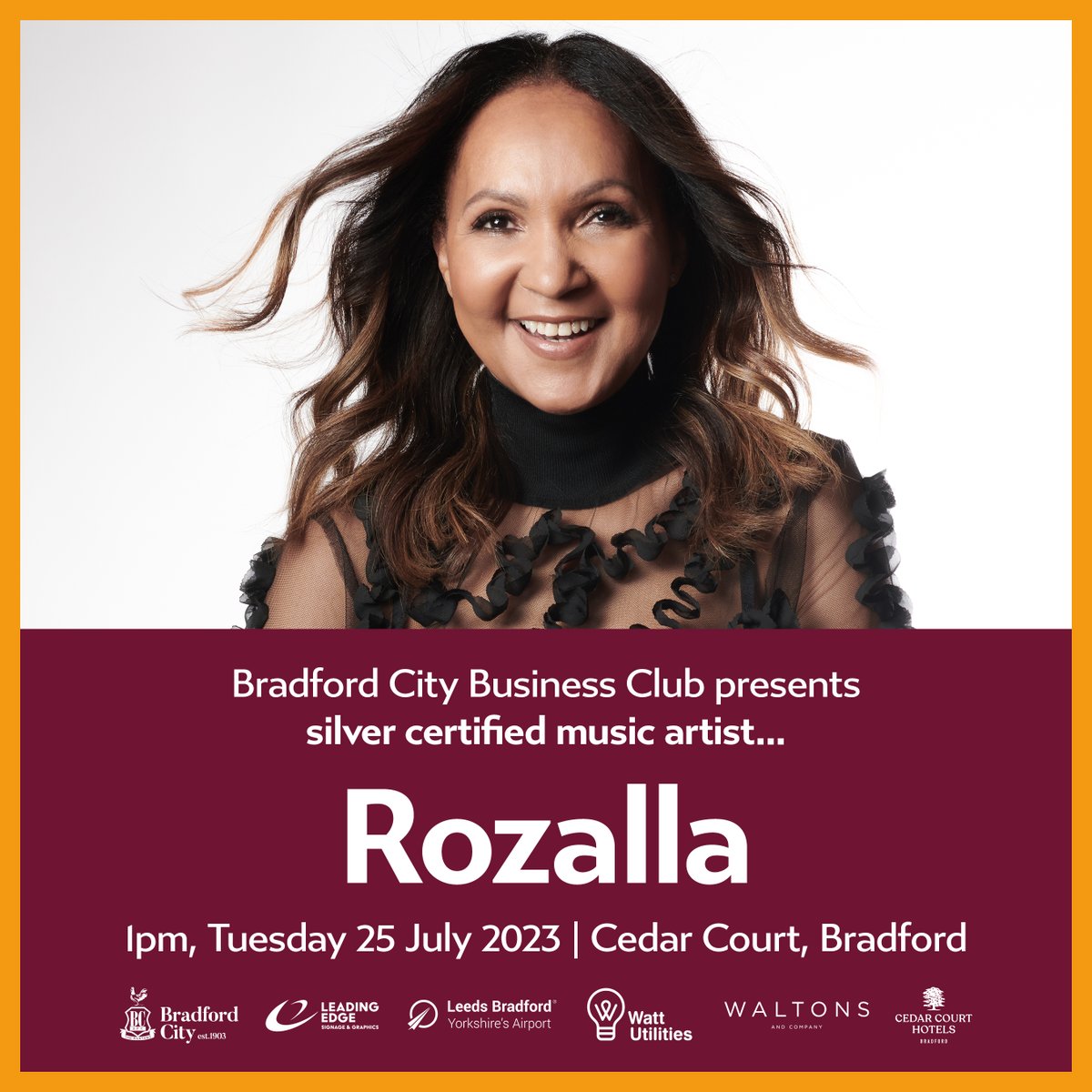 💼 | One week today, we're joined by 90s pop sensation Rozalla at <a href="/CedarCourtHotel/">The Cedar Court Hotels Group</a> - for our latest #BCAFC Business Club networking event!

🤝 | Thanks to our official event sponsor, <a href="/waltonsandco/">Waltons and Company</a>.

📧 | Join - and book your place: businessclub@bradfordcityafc.com