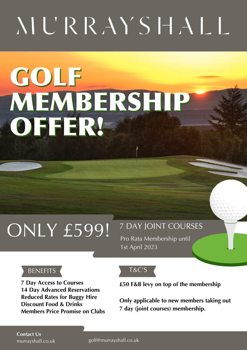 ⭐️⛳️Golfers can now join Murrayshall with our pro rata membership option at only £599!

Offer available on 7 day joint courses membership only. Membership will run until 1st April 2024.* T's &amp; C's apply.

Email nicola.melville@murrayshall.co.uk or golf@murrayshall.co.uk