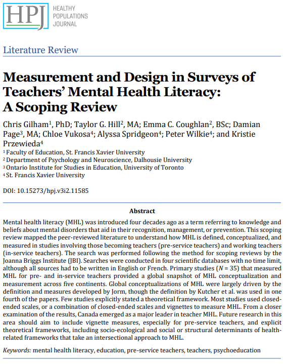 📚 New research from #DalHPJ’s #HealthEquity issue explores how #MentalHealthLiteracy (MHL) is defined, conceptualized, and measured in surveys tailored to pre-service and in-service teachers. Let's dive into the findings! ojs.library.dal.ca/hpj/article/vi… 🧵…