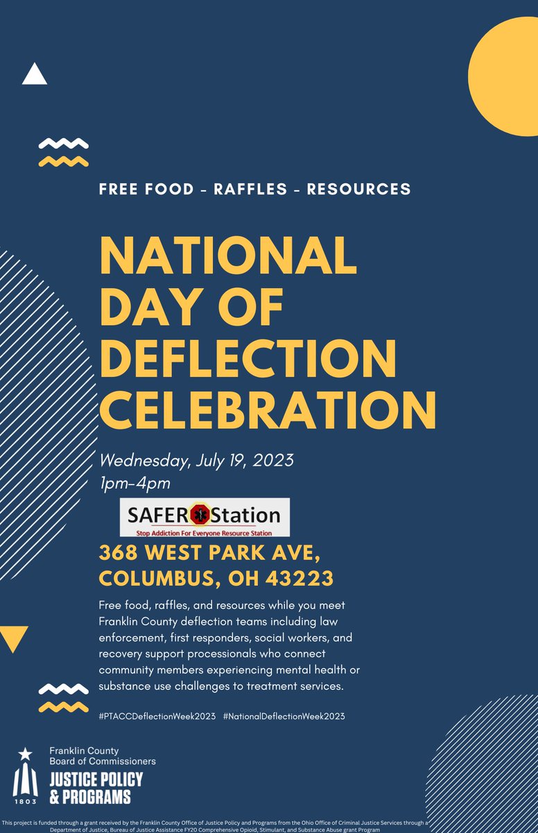 OfficeonAging's tweet image. 📧YOU'RE INVITED — @FranklinCoOhio Office on Justice Policy &amp;amp; Programs invites you to join them for the #NationalDayOfDeflection Celebration tomorrow (7/19) @ 1PM. Enjoy free food, raffles &amp;amp; resources while meeting #FranklinCountyOH deflection teams.

#NationalDeflectionWeek2023