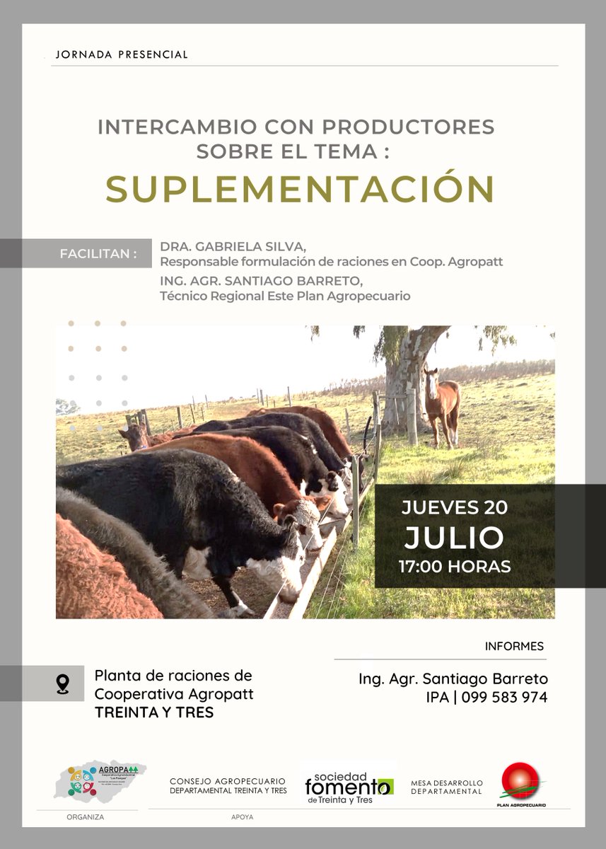 PlanAgro's tweet photo. ¡Próximo jueves!
🗓️20/7⏰17hs📍Treinta y Tres
Jornada "Intercambio con productores sobre el tema: Suplementación" en 📌Planta de raciones de Cooperativa Agropatt
🗣️Dra. Gabriela Silva #Agropatt e Ing. Santiago Barreto #PlanAgro
¡Te esperamos!
#CAD33 #SFdeTreintayTres #MDR33 https://t.co/ltKqX8Pz7d