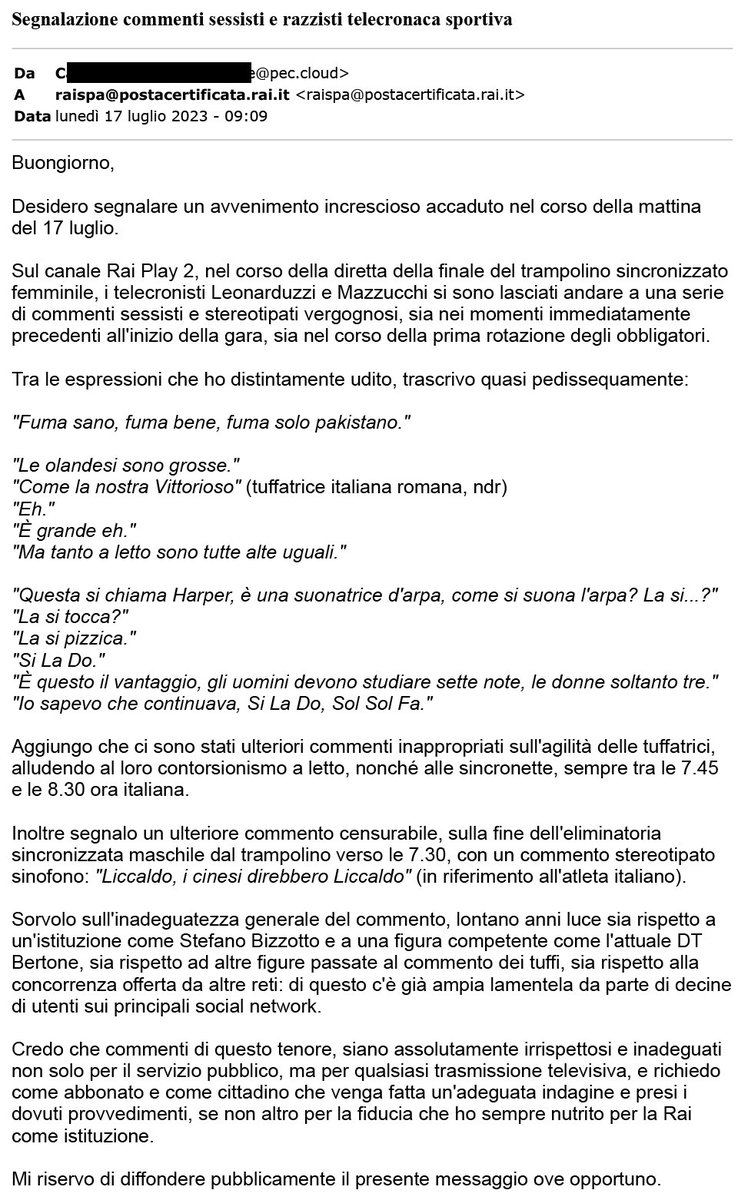 TizianaFerrario's tweet photo. Credo che Lorenzo Leonarduzzi @Leonarduzzi1963 telecronista #Rai,farebbe bene a iscriversi a un corso di rieducazione per uomini molesti e maltrattanti. Non ha la minima idea di che cosa sia il rispetto per le donne e scambia battute sessiste per battute simpatiche. #nuoto https://t.co/UdGWYftBWF
