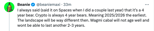 gregyounger's tweet image. If you knew for certain that this NFT/crypto bear would last for another 30 months, would you stick around?

Would you do anything different?

If so, what?

Do you believe we have to wait till 2026 to see things turn around?