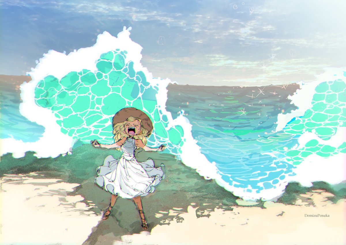 1girl blonde hair solo dress hat ocean beach  illustration images