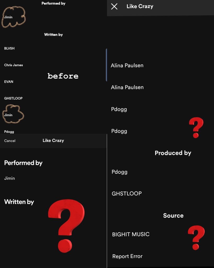 PJM_vocal's tweet photo. Hey @Spotify @SpotifyCares @spotifyartists

BTS JIMINS SONG CREDIT FOR "LIKE CRAZY“ has been removed without any explanation for no reason after 4 months of its release from both SPOTIFY &amp; its CHARTS,this is wrong &amp; unacceptable 

FIX THE SONG CREDITS for “LIKE CRAZY”NOW &amp; ASAP https://t.co/fmkSv8EYRv