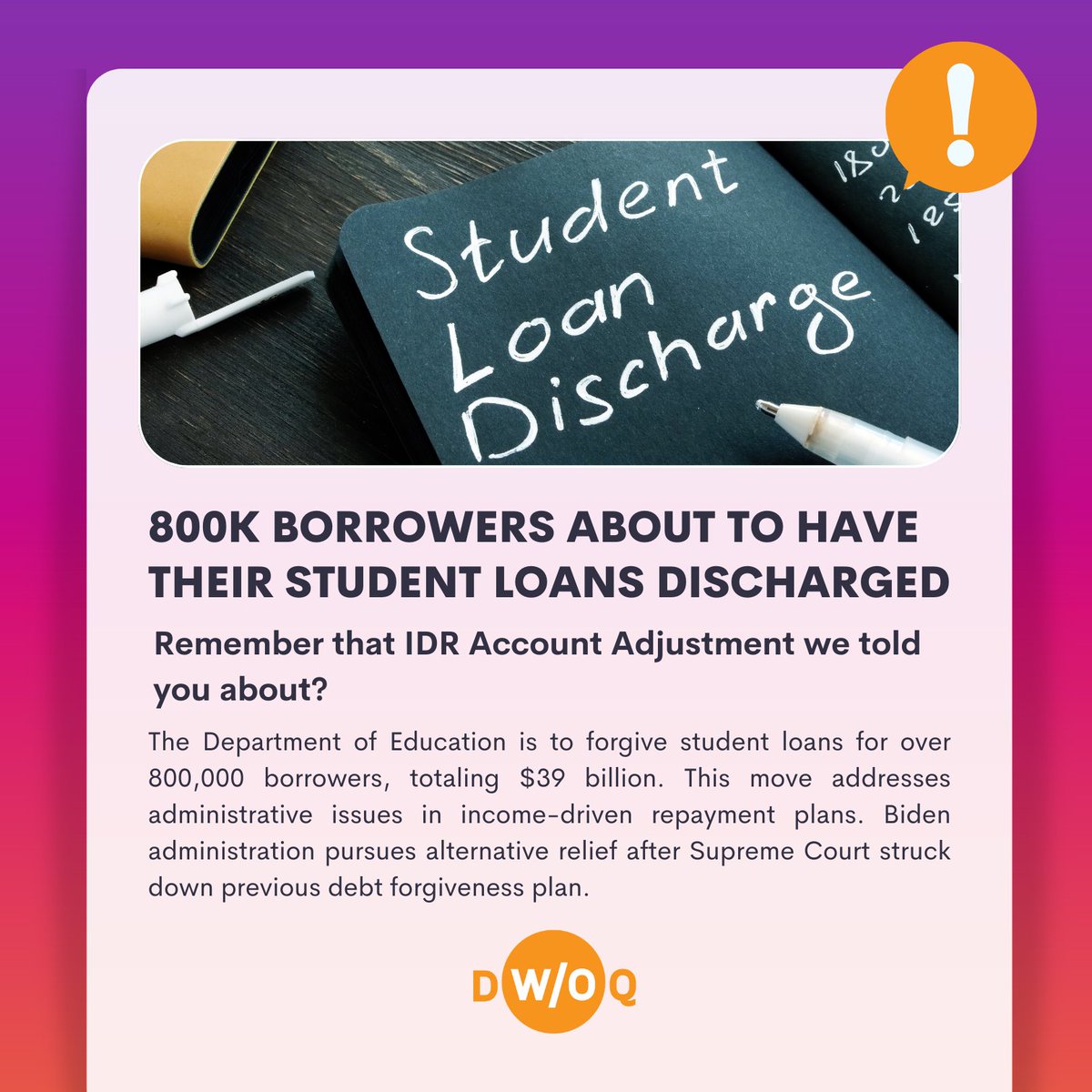 docswoquarters's tweet photo. 📢 Breaking news: Education Department forgives student loans for over 800,000 borrowers, totaling $39 billion in federal student loan forgiveness. Read more about this update at: https://t.co/UDoaBvx0m4

#dwoq #studentloanforgiveness #tildebtdouspart #studentloanrelief #scotus https://t.co/7Z7ALPb1EH