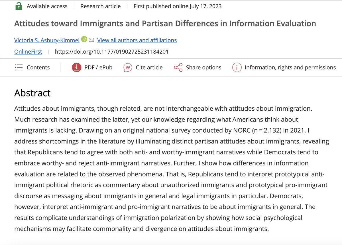 Just published a study revealing distinct partisan attitudes about immigrants in the US! #soctwitter #poliscitwitter #socialpsychtwitter @SPQuarterly #ImmigrationAttitudes #PartisanAttitudes #PoliticalPsychology #Politicaldiscourse #partisanship