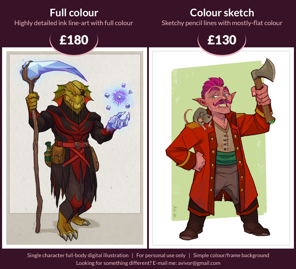 Character commissions! Now with 2 more colourful style options

🖼️ Print-size, for personal use in print/on screen 
💰 Prices are in GBP, payment upfront via Wise/UK bank transfer
✉️ Please email avivor[at]gmail[dot]com if you're interested, or feel free to DM with any questions! 