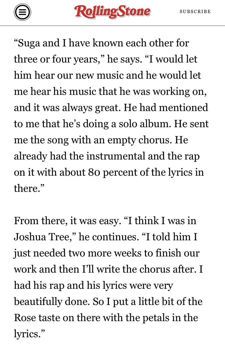 MINSUGAHQ's tweet photo. [#SugaHQ_Articles] Woosung of The Rose mentioned SUGA in an interview with Rolling Stone

“Suga and I have known each other for three or four years,” he says. “I would let him hear our new music and he would let me hear his music that he was working on, and it was always great. He had mentioned to me that he’s doing a solo album. He sent me the song with an empty chorus. He already had the instrumental and the rap on it with about 80 percent of the lyrics in there.”