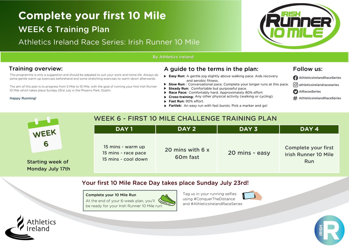 AIRaceSeries's tweet photo. Here is WK6 of our 10M training plan!✨

You're nearly there! Well done 💚

We can't wait to see you all on the start line of  this year's Irish Runner 10m July 23rd🤩

➡️ https://t.co/tN6vVBernc

#ConquerTheDistance @irishathletics @IrishRunnerMag https://t.co/Z6J8Vm4RE5