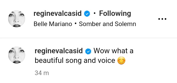 IG • @.reginevalcasid expresses her appreciation towards #BelleSomberAndSolemn in her latest post! 🤍

“Wow what a beautiful song and voice 😊”

SOMBER AND SOLEMN MV
#BelleSomberAlbum
#BelleMariano | #DonBelle