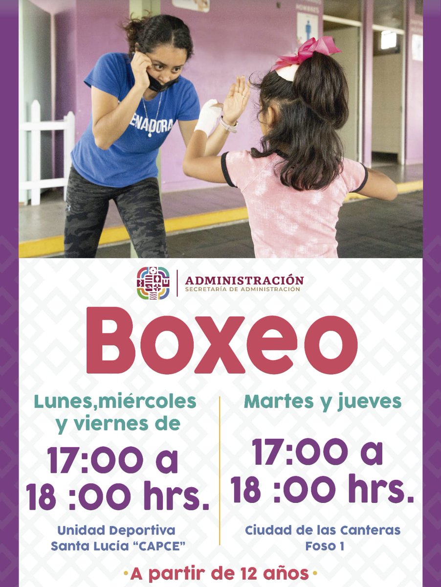Admon_GobOax's tweet photo. ¡Ejercítate y fortalece tu salud en las clases de boxeo! 🤼‍♀️🤼

Disfruta esta alternativa de esparcimiento en un ambiente de sana convivencia, ¡son gratuitas! 🤩

🔸Canteras:
🗓️ Martes y jueves | 🕑 17:00 a 18:00 hrs.

🔸CAPCE:
🗓️Lunes, miércoles y viernes | 🕑17:00 a 18:00 hrs. https://t.co/M7Im8bmxVR