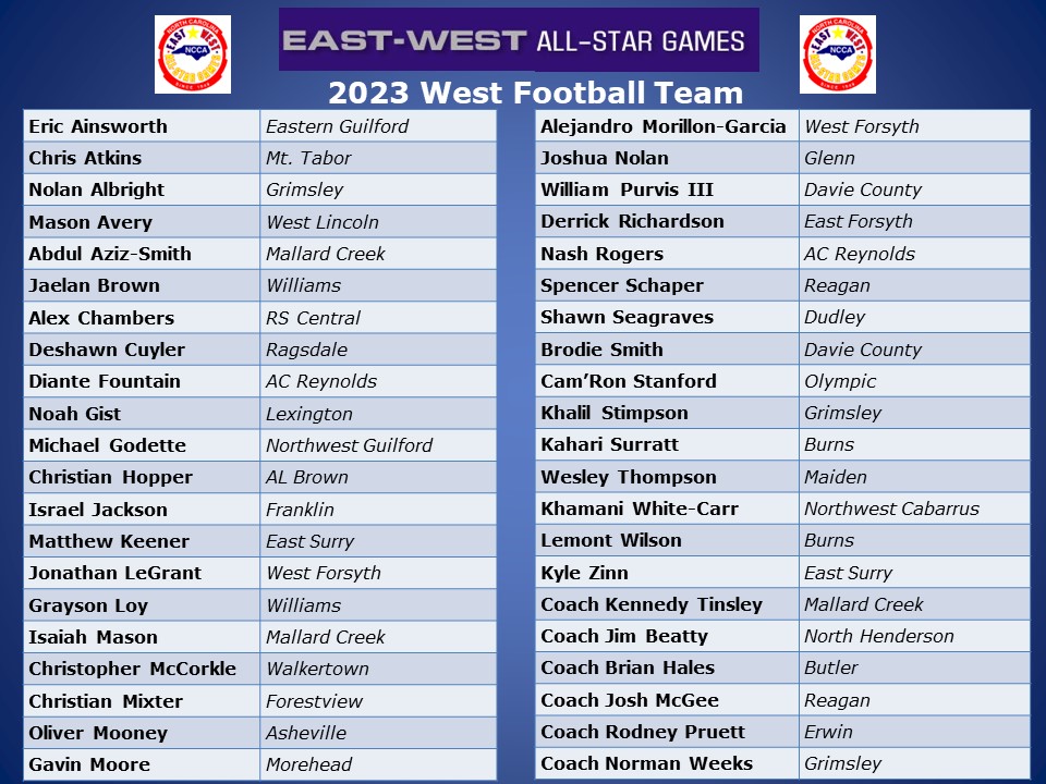 Here are rosters for the East-West high school all-star football game which kicks off Wednesday night at 8 at Greensboro Grimsley.
