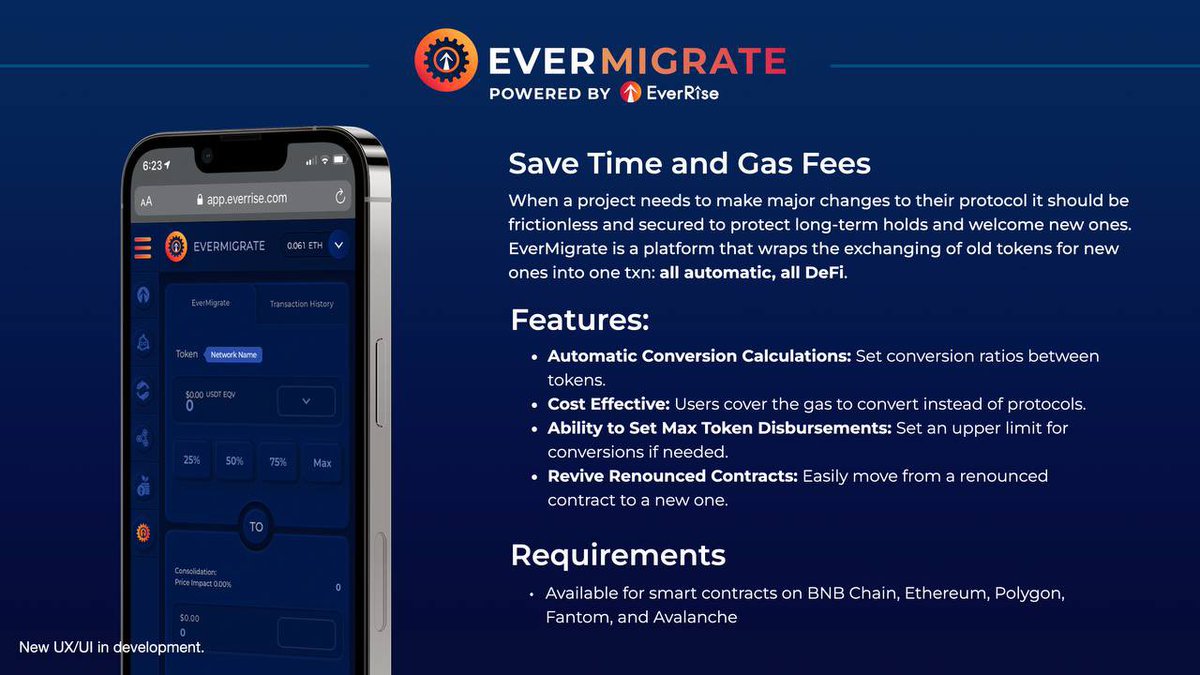 I see a lot of projects out there looking to #migrate to a new contract. Look no further than #EverMigrate from @EverRise 🏆

They even have the ability to migrate from renounced contracts! 😎

#BNB #ETH #MATIC
#AVAX #FTM #ARB 

EverRise.com 

#EverRise #RISERS $RISE