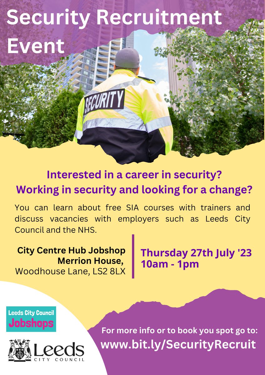 Interested in a career in security? 🙋‍♀️🙋 Learn about free SIA courses and speak to employers at City Centre Hub on Thurs 27th July 👍 For more info click here ➡ bit.ly/SecurityRecruit