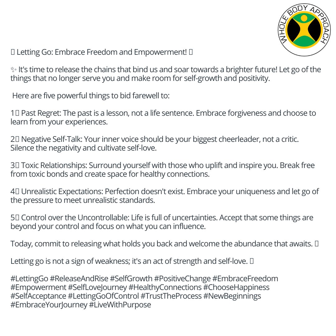 🌟 Letting Go: Embrace Freedom and Empowerment! 🌟
#LettingGo #ReleaseAndRise #SelfGrowth #PositiveChange #EmbraceFreedom #Empowerment #SelfLoveJourney #HealthyConnections #ChooseHappiness #SelfAcceptance #LettingGoOfControl #TrustTheProcess #NewBeginnings #EmbraceYourJourney
