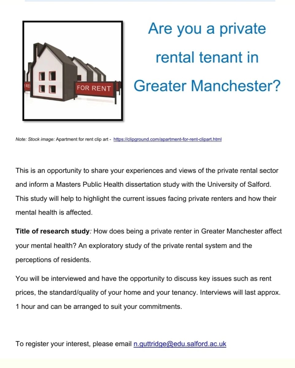 📢 Calling all private rental tenants in #Manchester! 🏠🔎🎓 Seeking participants for an MSc dissertation project focusing on your experiences. Your voice matters! Share your thoughts and help shape future solutions. 📋📚💡 PLS RT
#privaterentedsector #renting #tenantsarewaiting