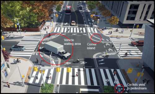 Photo credit: City of Toronto

A rendering of the future protected intersection at Bloor Street and St. George Street.