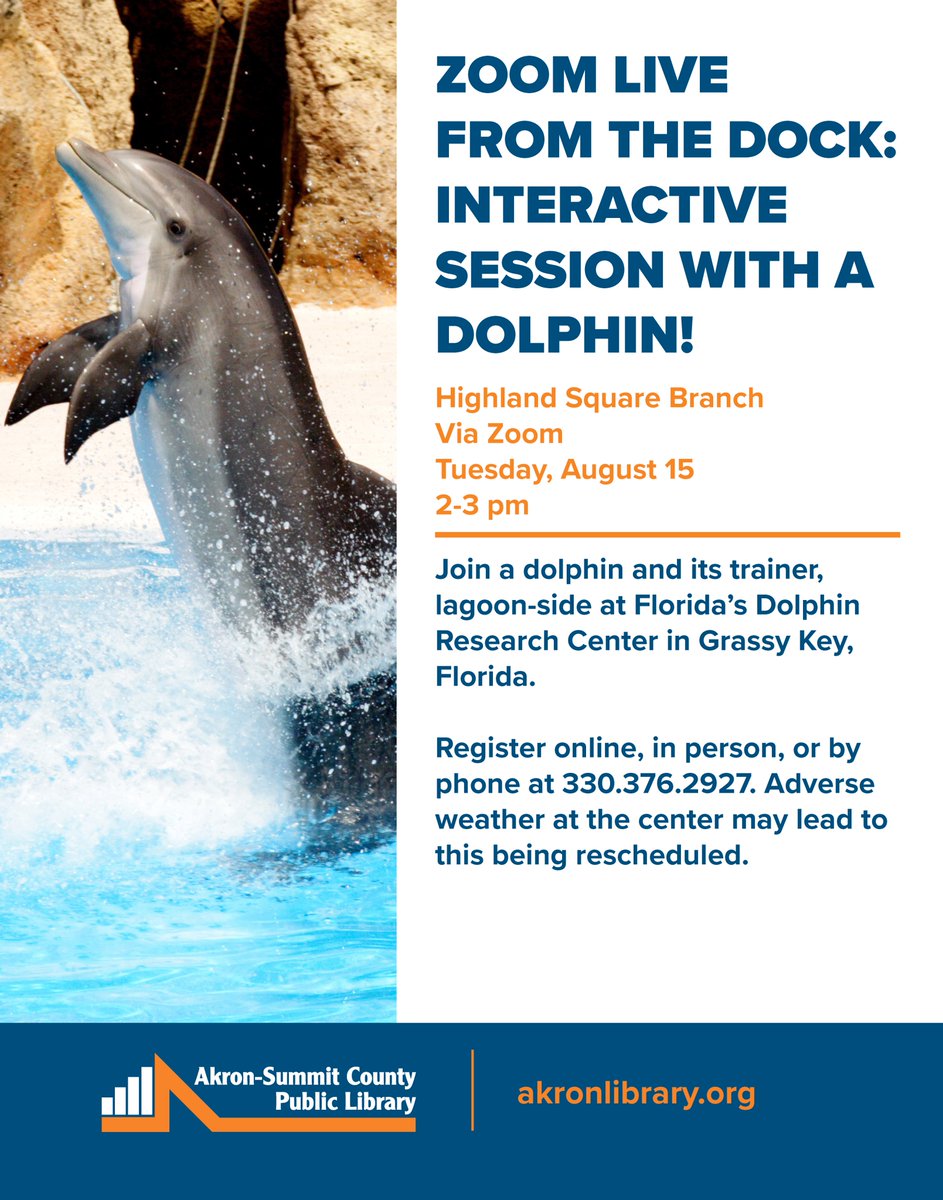 The Dolphin Research Center in Grassy Key, Florida, presents an exciting and interactive session all about dolphins! 🐬 Trainers will chat with you while conducting a training session with a member of their dolphin family. Register to receive a Zoom link: services.akronlibrary.org/event/8420241