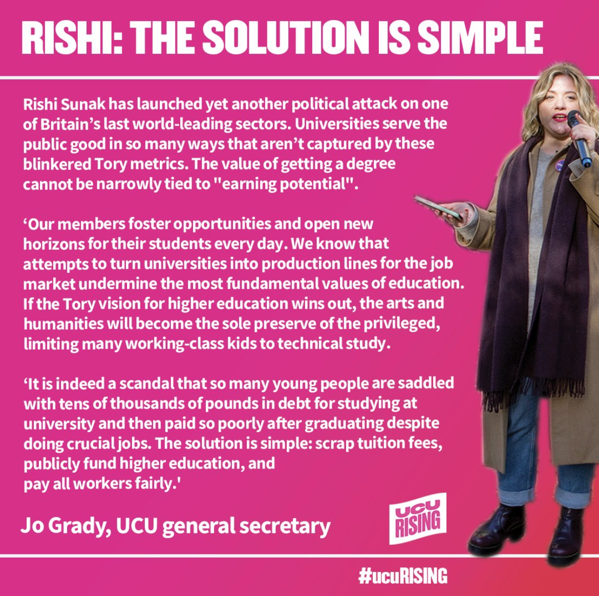 The value of a degree should not be tied to “earning potential”. 

These Tory metrics undermine the fundamental values of education. 

The solution is simple: scrap tuition fees, publicly fund higher education and pay all workers fairly! 

#ucuRISING