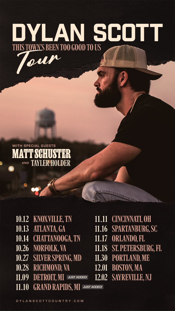 LET’S GOOOO! We added two more shows for the This Town’s Been Too Good To Us Tour with #MattSchuster and @TaylerHolder in Detroit and Grand Rapids, Michigan!

🎟️ - dylanscottcountry.com/pages/tour
