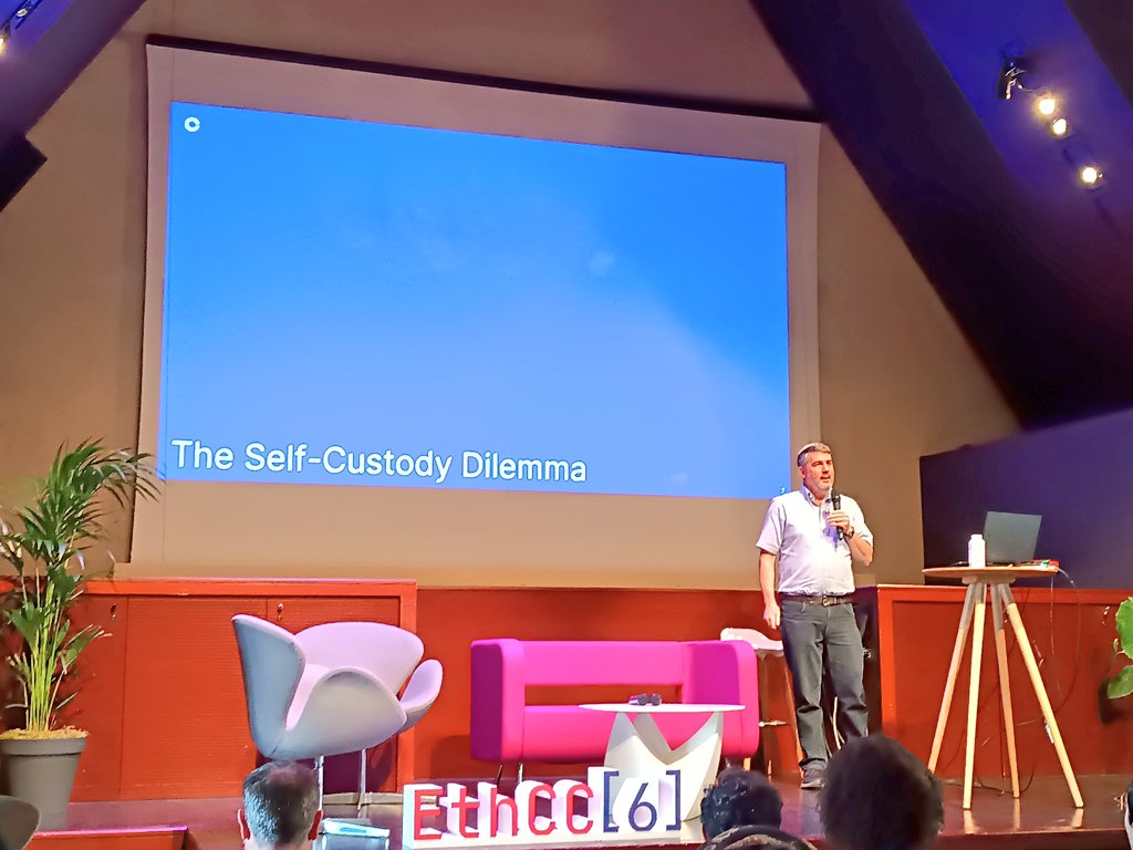silencelabs_sl's tweet photo. The eloquent @LindellYehuda talking about the history of MPC, its legacy, "MPC protocol behaves like a Trusted Black Box" 🖤
Reminiscent of our recent Twitter spaces too! ✅
#Validated #ETHCC #Paris #ThresholdSignatures #MPC https://t.co/6h7ujIpbCL