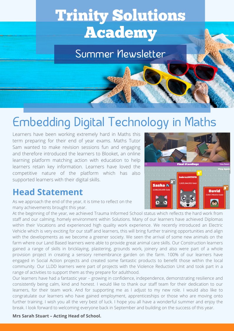 SolutionsNCL's tweet image. As the school year comes to an end, we have had many experiences and created great memories with staff, learners parents, and carers.
Read through the final #newsletter of the year to see how this last term has turned out and what exciting things await us come September!
