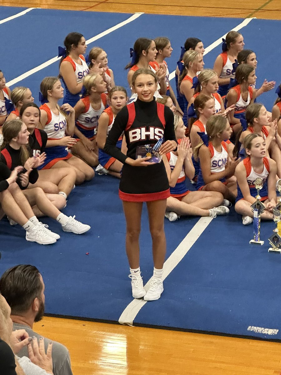 BordenCheer's tweet photo. Sophomore BHS cheerleader Mercedes Rehmel was awarded the title of “ALL AMERICAN” cheerleader at UCA camp. The girls must try out for this title and only a few are selected. We are SO proud of Mercedes! ❤️🖤 @bordenathletics https://t.co/oadwoj1seK