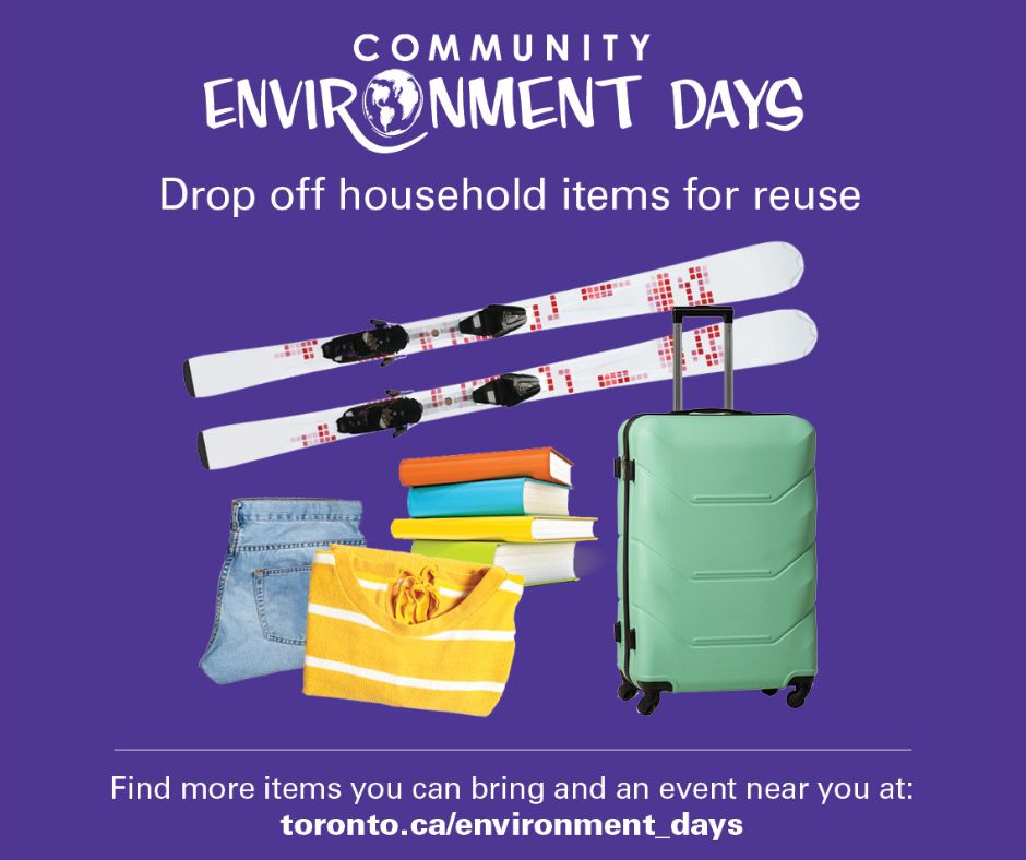 cityoftoronto's tweet photo. Bring books, luggage, clothing or other household items to a Community Environment Day so they can be donated and reused. Find an event near you at: https://t.co/jfy4FWXl58 #EnvironmentDaysTO https://t.co/9s2OgqIULl