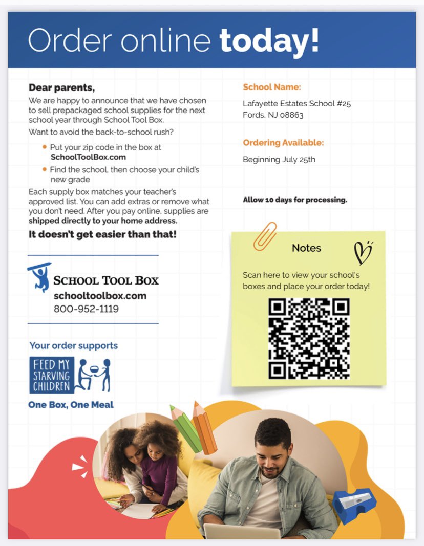 Don’t worry about back to school supply shopping. We have it all covered for you! Starting 7/25 you can place your order online and it will ship directly to your home ✏️📓🖍️

Click here ======> schooltoolbox.com/school-supplie… 

Happy summer! <a href="/25Lafayette/">Lafayette Estates School #25</a> <a href="/Braunsdorf25/">Edward Braunsdorf</a>